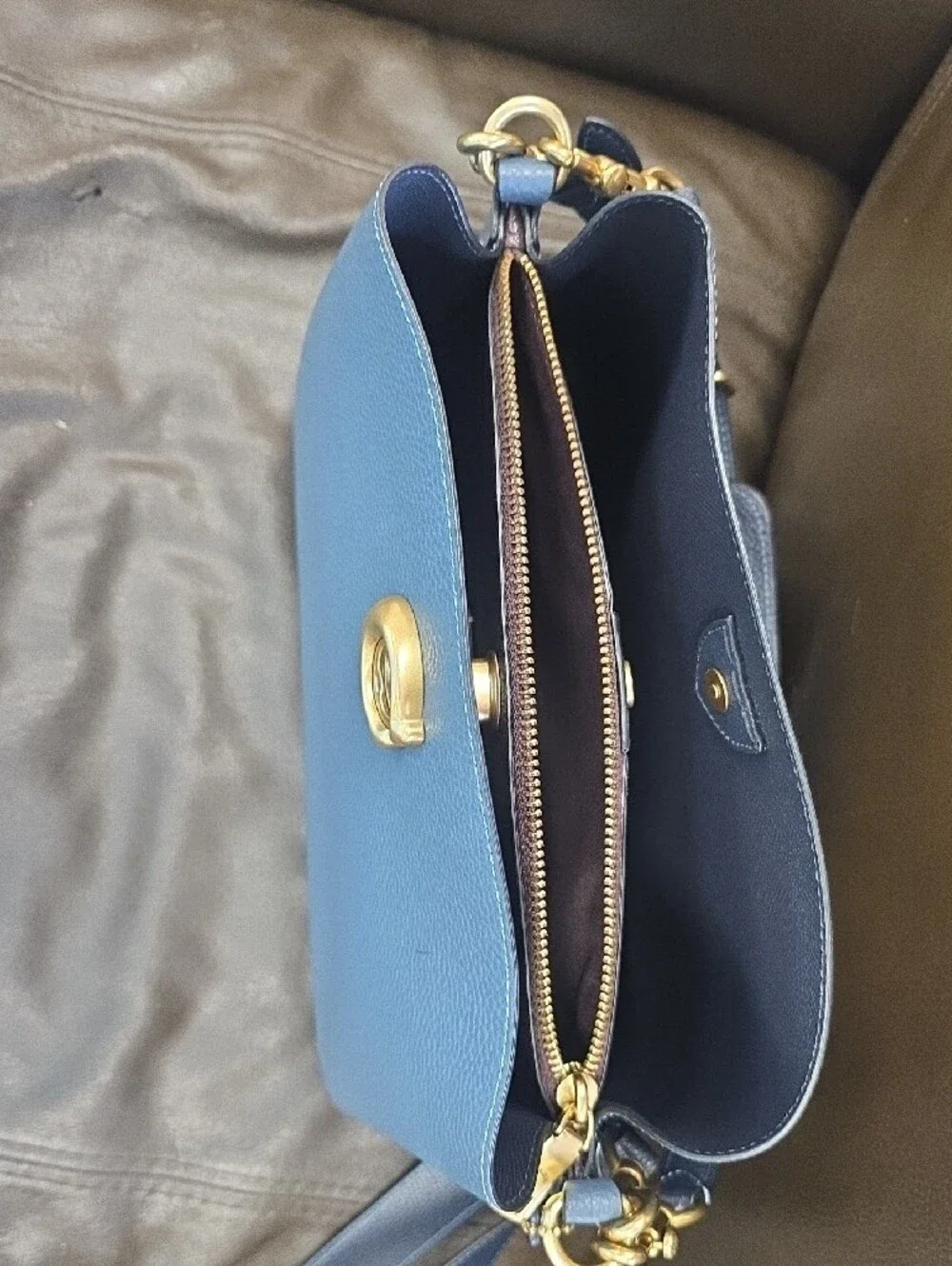Coach Blue Pebbled Leather Shoulder Bag with Gold Hardware